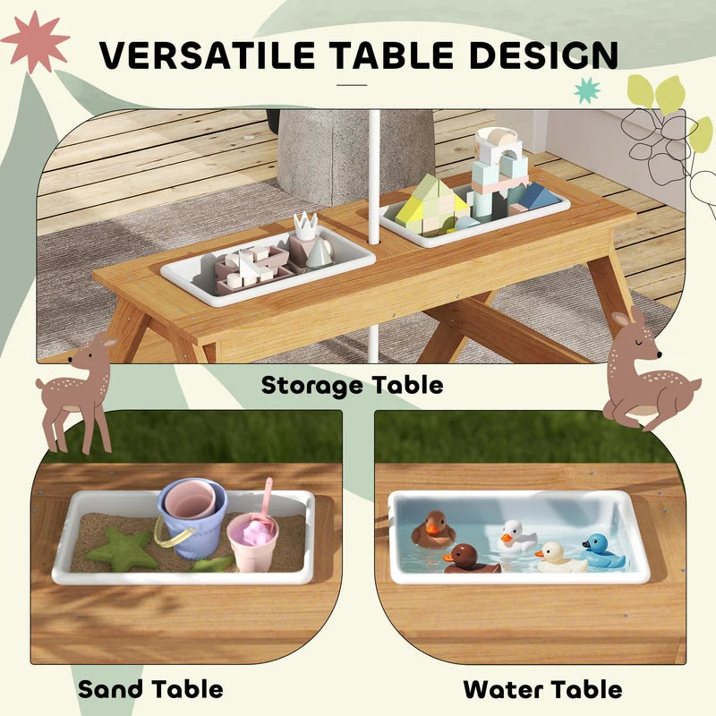 Wooden Outdoor Kids Picnic Table with Removable Umbrella