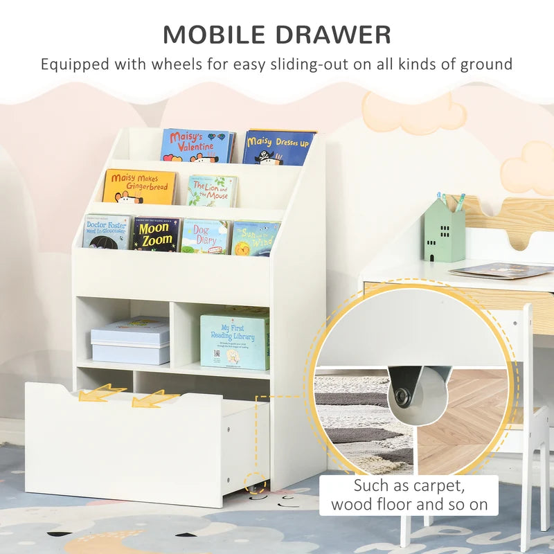 Kids Bookcase Multi-Shelf Book Rack with Mobile Drawer – White