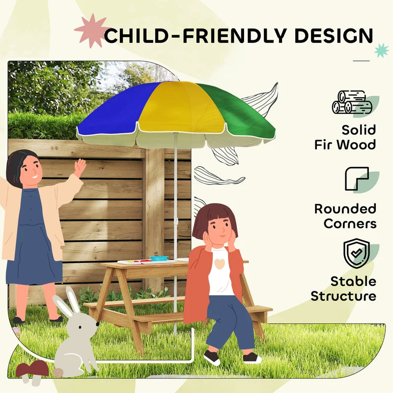 Wooden Outdoor Kids Picnic Table with Removable Umbrella
